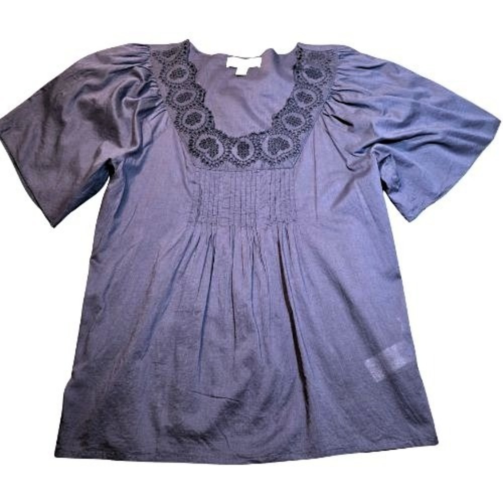 Michael Kors Womens M Navy Blue Cotton Eyelet Lace Trim Pintuck Pleated Boho Top